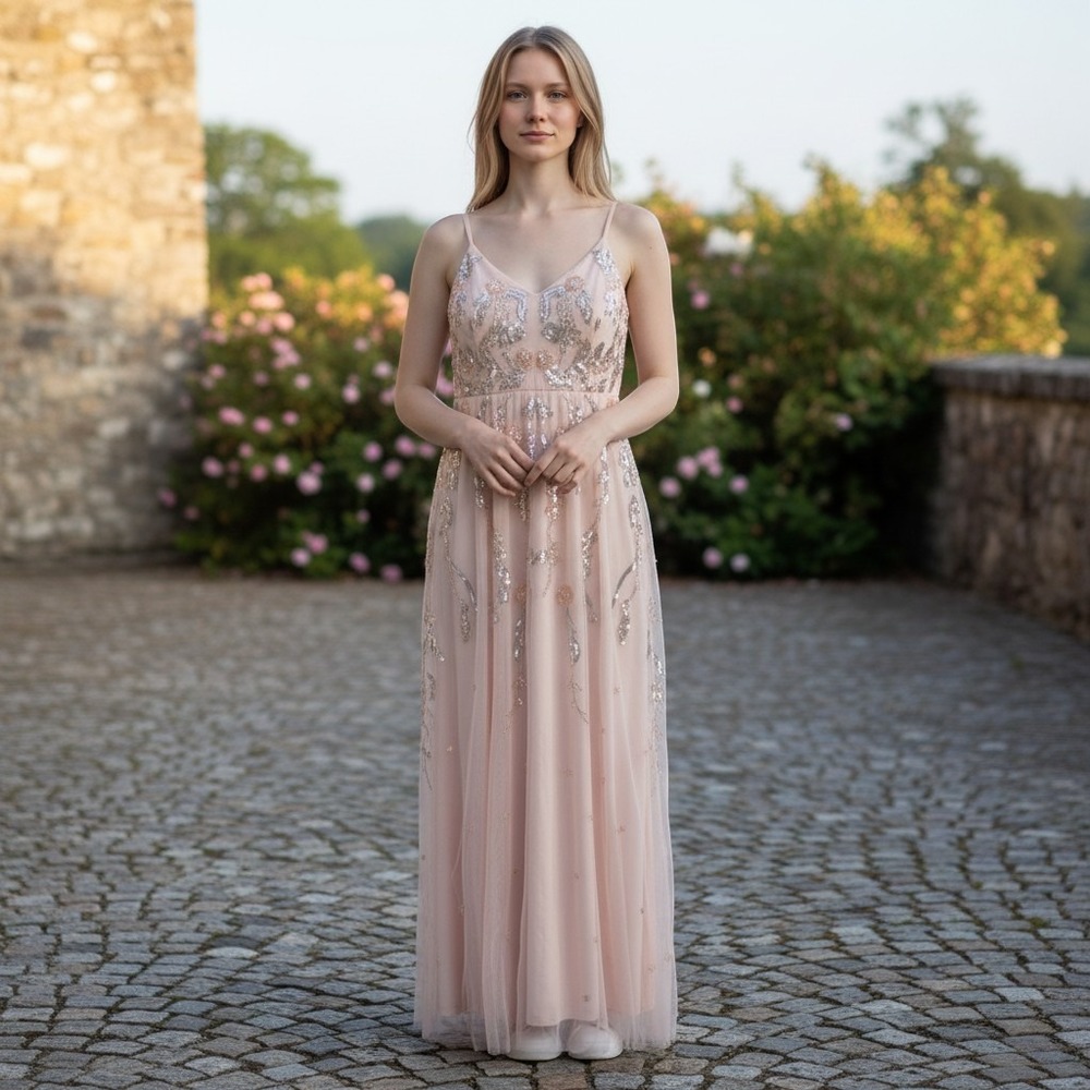 Altar'd State Duchess Maxi Dress Womens Medium Peach Sequin Embroidered Formal